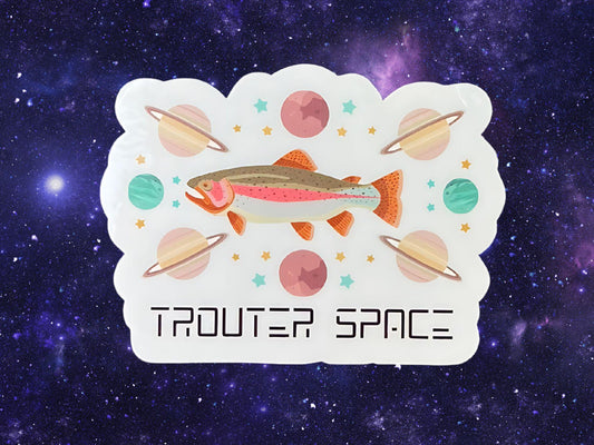 Trouter Space Sticker – Funny Outer Space and Fishing Dad Joke Sticker for Laptop, Water Bottle, or Tackle Box